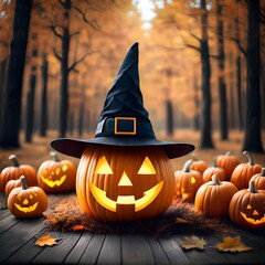 Halloween pumpkin in a witch hat