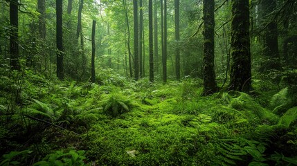 Fototapeta premium Lush forest landscape showcasing a dense variety plants and trees with vibrant green moss and ferns.