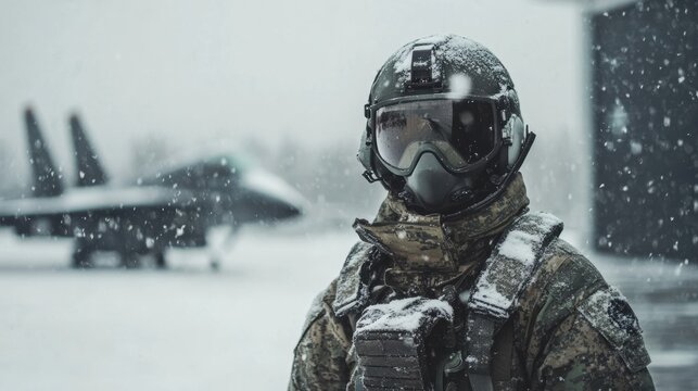 Snow-covered soldier stands guard near fighter jets in winter