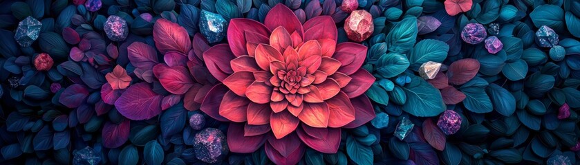 Naklejka premium Vibrant Flower Mandala with Crystals and Healing Herbs