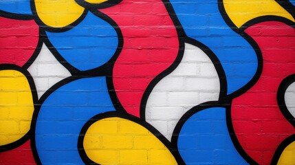 Fototapeta premium A colorful abstract painting on a brick wall with red, blue and yellow, AI