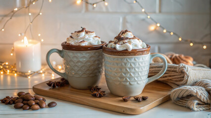 Mugs of hot chocolate with whipped cream and cinnamon in cozy winter holiday atmosphere
