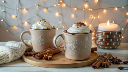 Fototapeta premium Cozy hot chocolate mugs with whipped cream and almonds, perfect for winter evenings