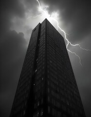 skyscraper during a thunderstorm with dark clouds and lightning illuminating the building create with ai