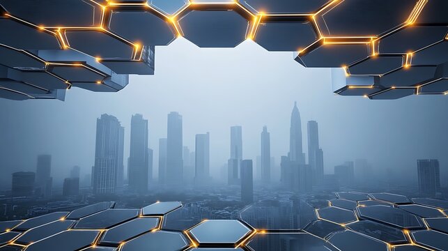 Futuristic honeycomb structure revealing cityscape with glowing edges.