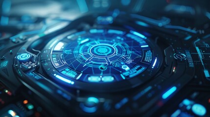 Futuristic sci fi hud screen design with dynamic zones and ethereal blue light lines