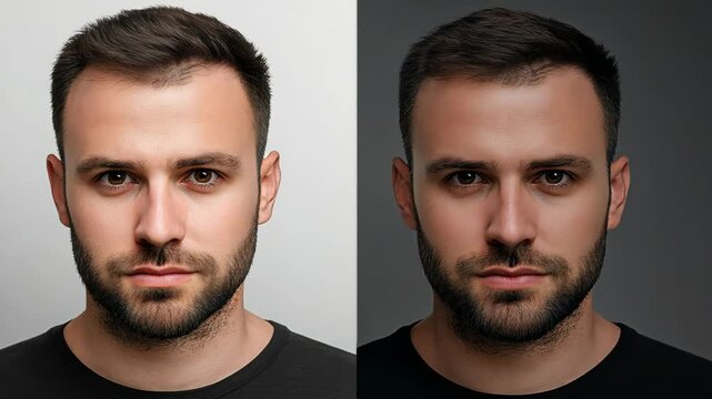 A man with a beard stares intensely at the camera, his eyes dark and focused, in a split-screen photo showcasing two different lighting setups