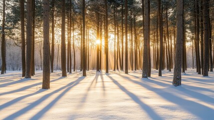 A serene winter forest at sunrise, with tall trees casting long shadows on a snow-covered ground.