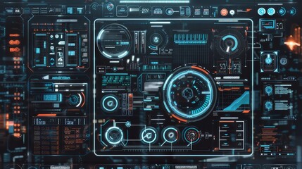Minimalist sci fi hud interface design with blue light lines and blurred digital background