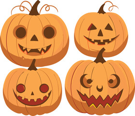 Four Carved Jack-O'-Lantern Pumpkins With Unique Faces