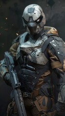 A futuristic soldier wearing advanced combat armor with a helmet and visor holding a rifle in a gritty sci-fi environment