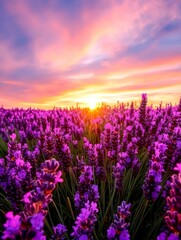 Fototapeta premium Serene Sunset Over Lavender Meadow with Pastel Clouds