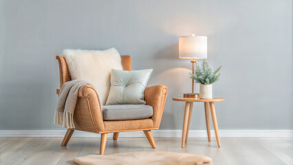 Minimalist rattan chair with pillows and side table in cozy living room