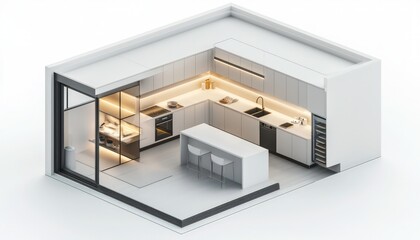 Minimalist kitchen Isometric 3D render showcasing handleless cabinets, sleek countertops, and integrated appliances, presented in a floor plan on white.