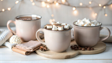 Hot cocoa with marshmallows served on wooden tray with cinnamon sticks and cozy festive decor