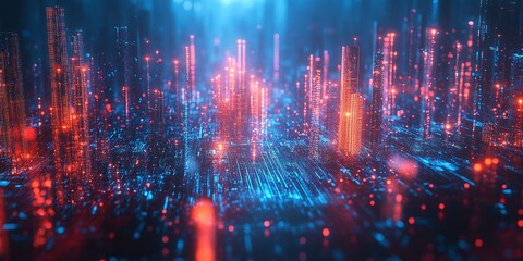 Fototapeta premium modern smart city at night with abstract glowing light trails in blue and red, showcasing big data technology and advanced digital infrastructure for a futuristic urban environment