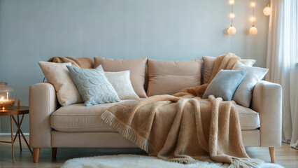 Fototapeta premium Comfortable living room with soft beige sofa, blankets, and decorative pillows in cozy modern design