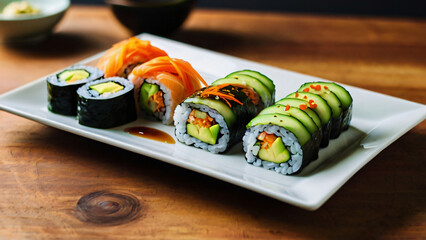 Colorful Vegan Sushi Rolls with Avocado. Generative AI