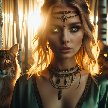Freya, the Norse goddess of love and war, with two wildcats as companions in a mystical birch forest in golden light. Adorned with the golden necklace Br&iacute;singamen and a green soft tunic. Generative AI