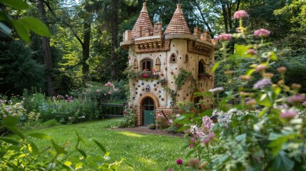 Enchanting castle-themed playhouse surrounded by a garden with flowers and a stone path.