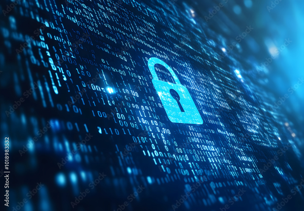Poster blue digital background with a padlock symbol and binary code for a security concept vector illustra