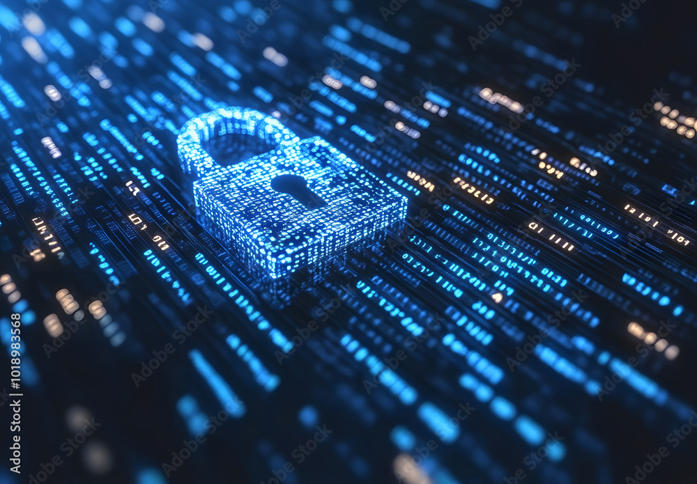 Poster blue digital background with a padlock symbol and binary code for a security concept vector illustra