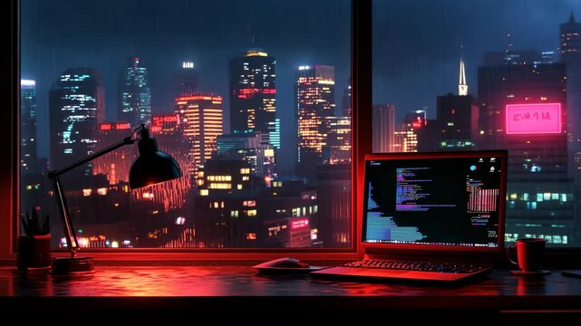A late-night view of a city skyline from a window illuminated with red light, with a computer displaying code and a lamp reflecting rain on the desk