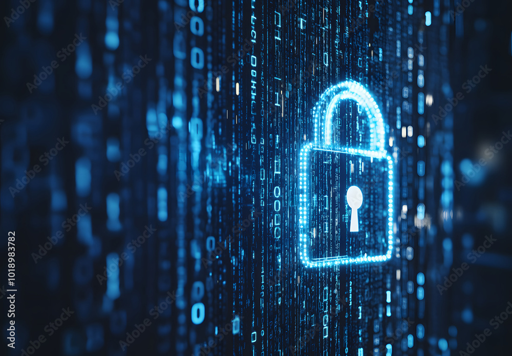 Poster blue digital background with a padlock symbol and binary code for a security concept vector illustra