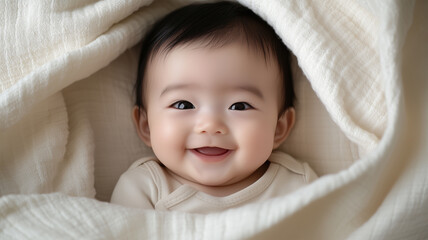 白い布に包まれた笑顔の赤ちゃん
