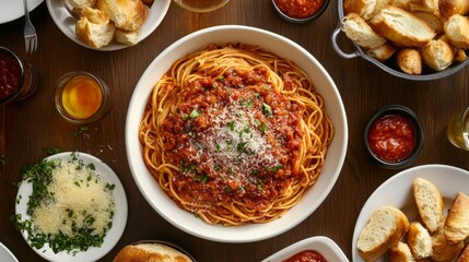 Delicious Pasta Dish with Sauces and Bread Surroundings