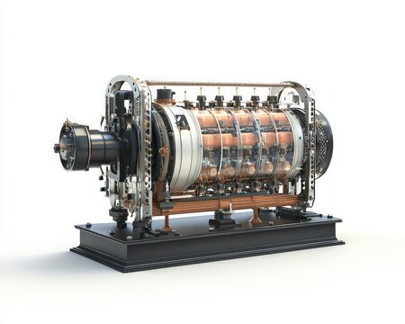 An electric dynamo machine, floating on a white background, showcasing its innovative, energy-efficient design.