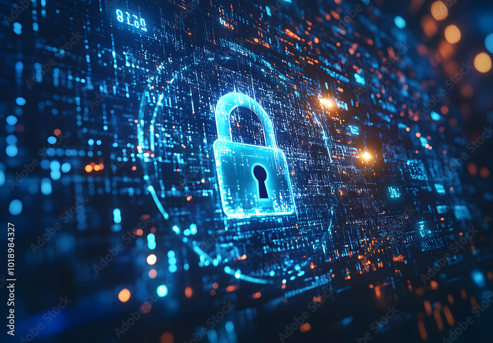 Poster blue digital background with a padlock symbol and binary code for a security concept vector illustra