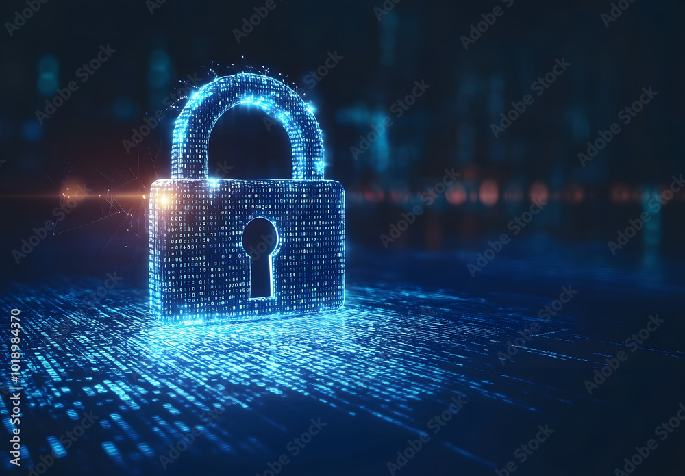 Poster blue digital background with a padlock symbol and binary code for a security concept vector illustra