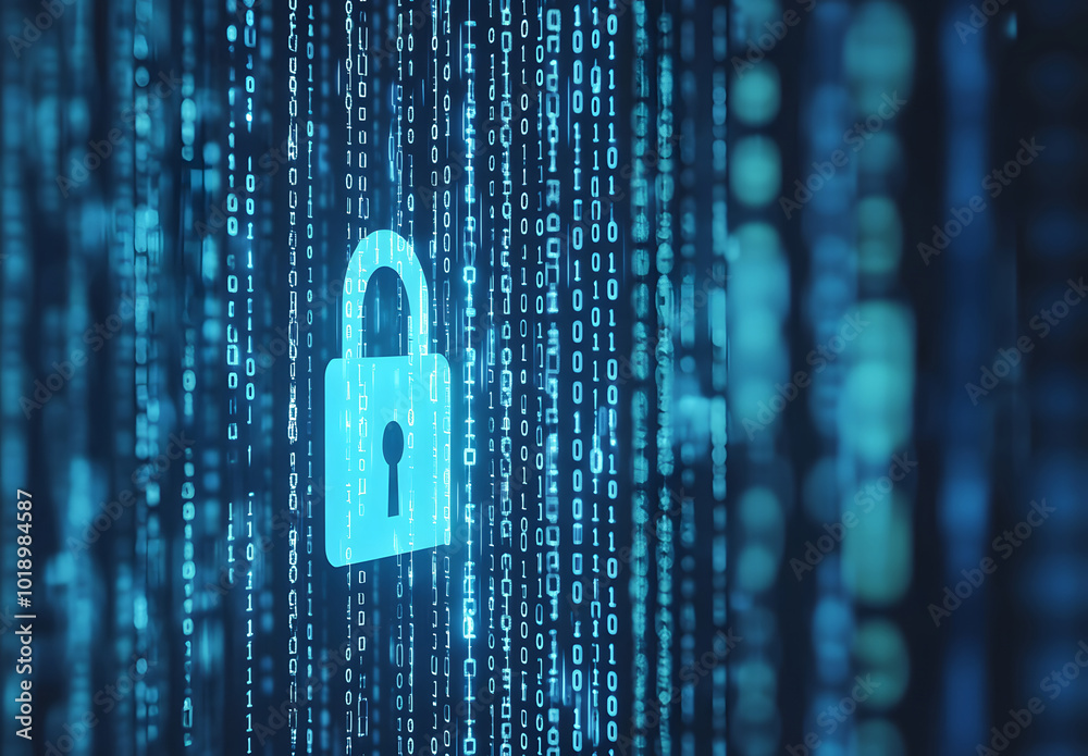 Poster blue digital background with a padlock symbol and binary code for a security concept vector illustra