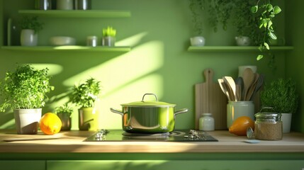 Vibrant Kitchen Scene with Fresh Ingredients and Modern Cookware