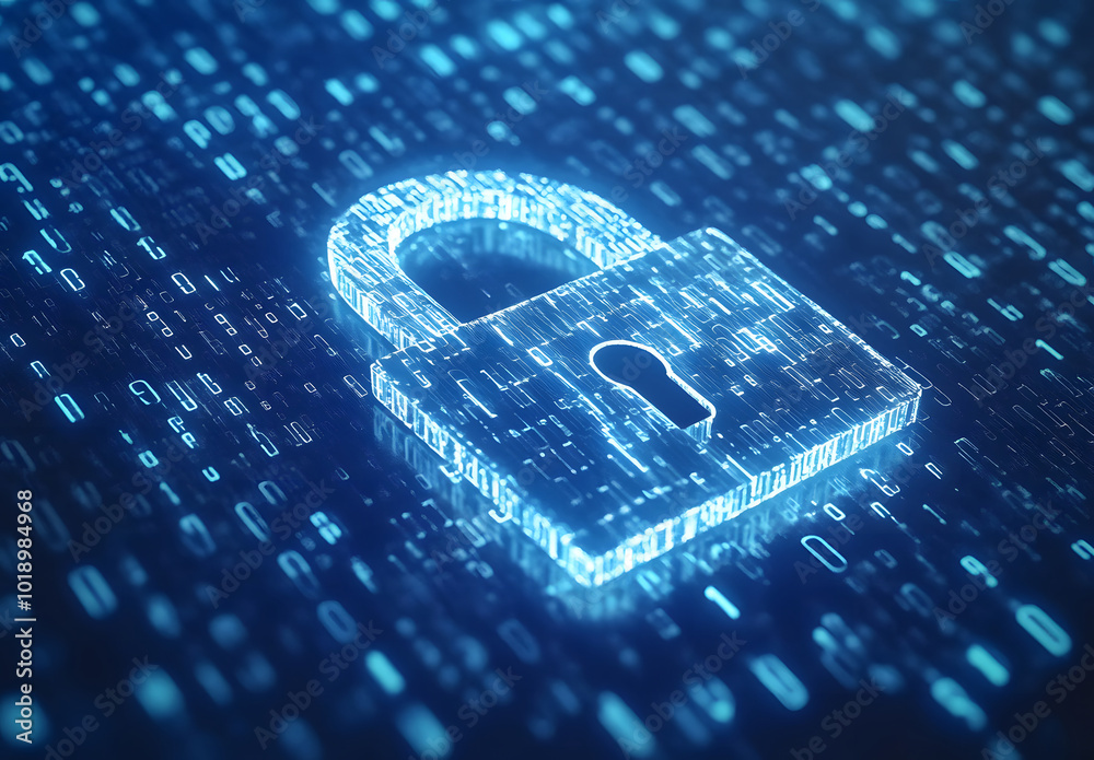 Poster blue digital background with a padlock symbol and binary code for a security concept vector illustra
