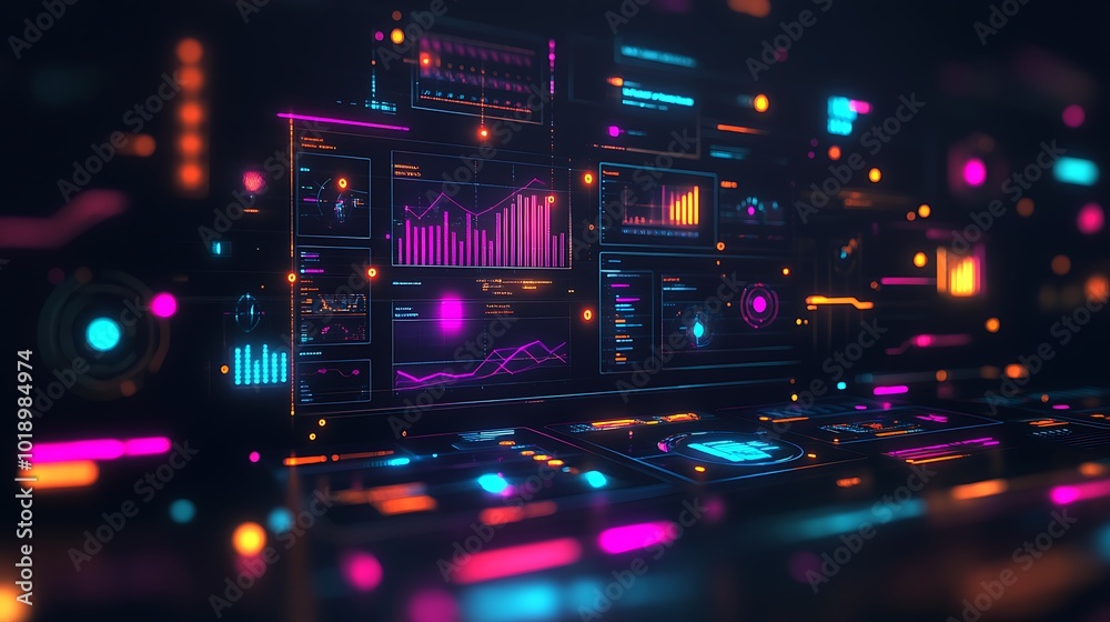 Poster Futuristic digital interface with glowing neon graphics and data visualizations.
