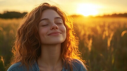 beautiful backlit portrait of a calm woman standing in the fields at sunset, eyes closed and smiling, enjoying the peacefulness of life and the joy of freedom in nature