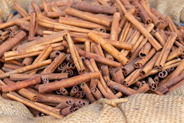 Pile of dried cinnamon sticks