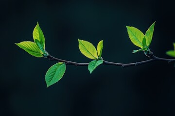 New green leaves sprouting from a branch against a dark backdrop, symbolizing renewal and the perpetual cycle nature.