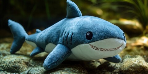 Fototapeta premium photo of adorable stuffed animal shark --ar 2:1 --v 6.1 Job ID: ec25e519-6269-4210-8bb9-26fdfc571a7d