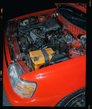 Car Engine Compartment with Battery