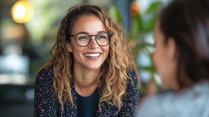 professional female manager conducting a job interview in an office setting, smiling while discussing employment opportunities with a candidate during the recruitment process