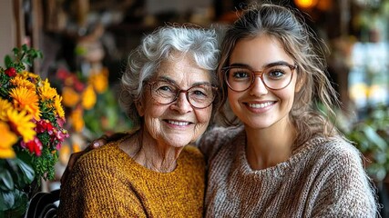 A grandmother and granddaughter share smiles while surrounded by vibrant autumn flowers in a quaint shop, capturing a heartwarming bond - Powered by Adobe