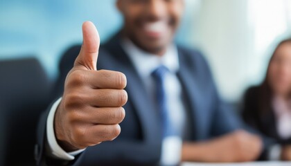 Businessman giving a thumbs up during a formal meeting in an office setting, conveying approval and confidence.