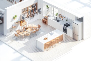 Open-concept kitchen Isometric 3D Render featuring a large island, dining area, and seamless flow into the living space, shown in a floor plan on white.