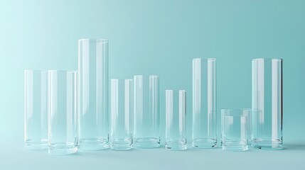 Fototapeta premium Clear glass cylinders varying heights arranged on a pale blue background, designed for elegant product displays or presentations