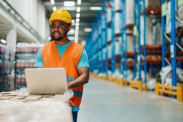 Warehouse worker using laptop managing inventory and logistics