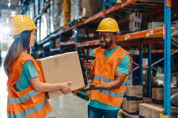 Warehouse workers scanning packages and managing inventory