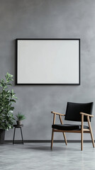High-Resolution Digital Screen on Concrete Wall with Modern Lounge Chair in Minimalist Setting
